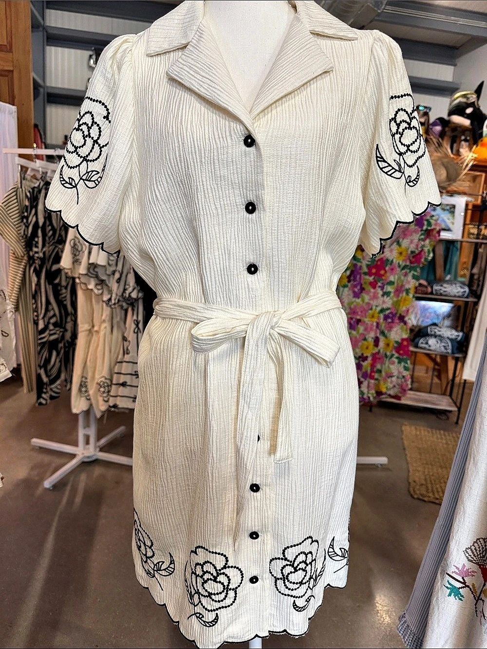 Umgee Embroidered Scalloped Mini Dress in Cream